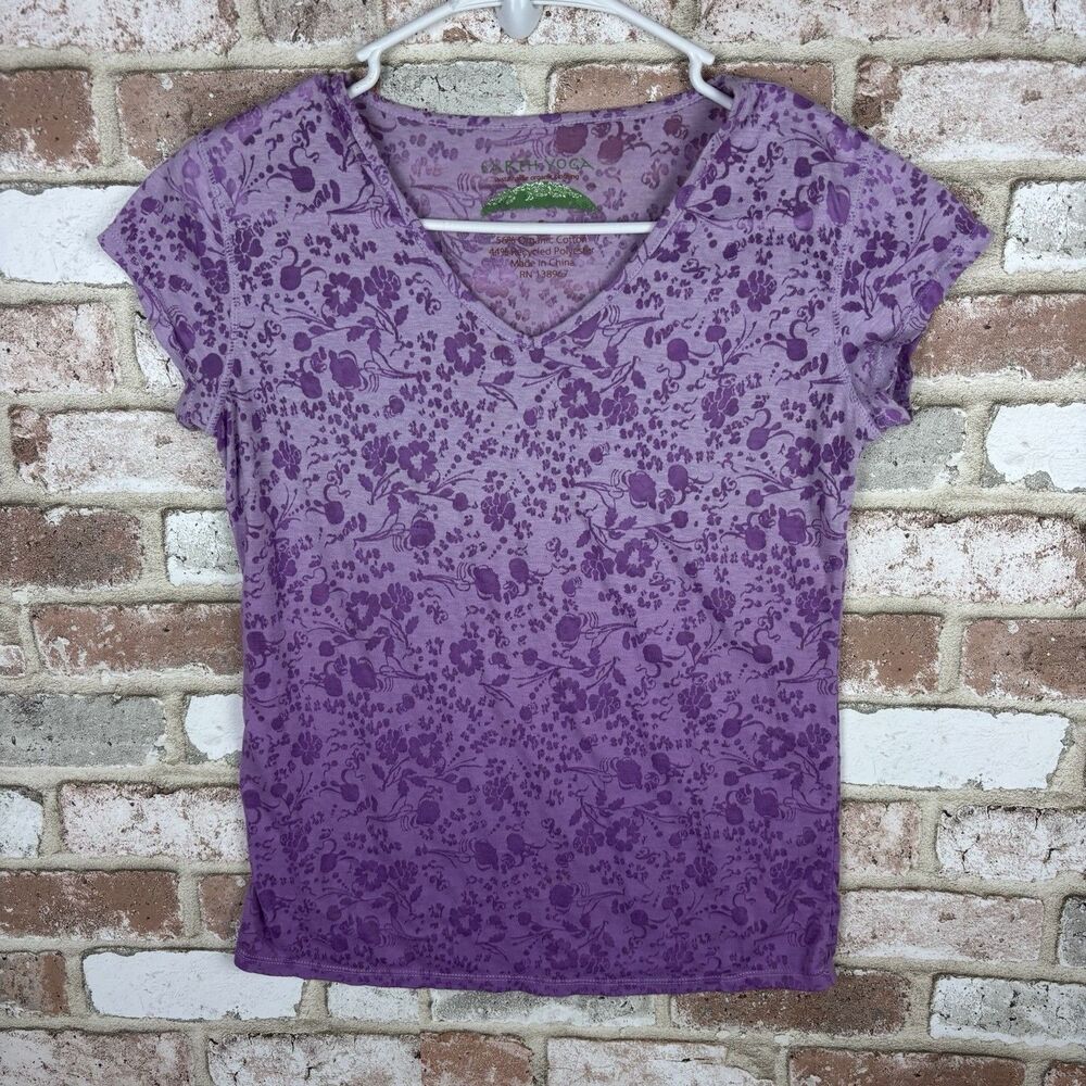 Earth Yoga Lavender Print T-Shirt/Top Small Cap Sleeve V- Neck Organic Cotton
